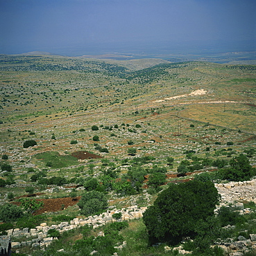 Aerial view over the Afrin Valley with the Plain of Amuq beyond, seen from the church of St. Simeon, Dead City region, northern Syria, Middle East