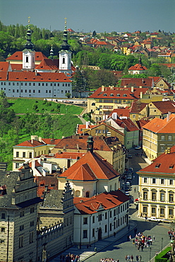 Buildings including the Strahov Monastery seen from St. Vitus Cathedral in the city of Prague, Czech Republic, Europe