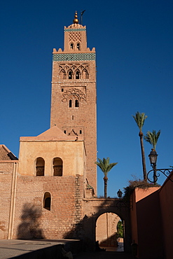 Minaret of the landmark Koutoubia Mosque, against an azure blue sky, Medina of Marrakesh, UNESCO World Heritage Site, Morocco, North Africa, Africa