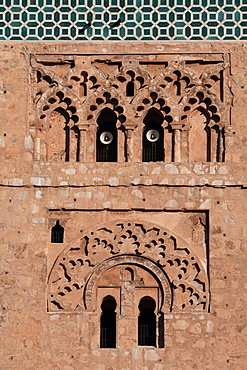 Detail of minaret of Koutoubia Mosque, with powerful muezzin speakers, Medina of Marrakesh, UNESCO World Heritage Site, Morocco, North Africa, Africa