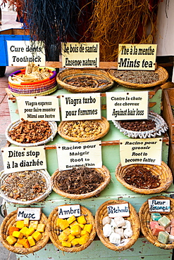 Local remedies and specialities from natural viagra to mint tea, Medina of Essaouira, UNESCO World Heritage Site, Morocco, North Africa, Africa