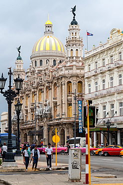 Street scene, Hotel Inglaterra with Capitolio dome behind, Central Havana, Cuba