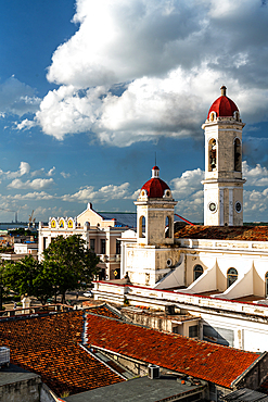 Aerial view of main square with Cathedral, Tomas Terry Theatre and port behind, Cienfuegos, Cuba 2