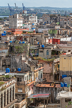 Aerial view across Old Havana with dock cranes in background, Havana, Cuba