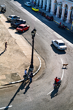 Aerial view of main square with dog crossing the street oblivious to all, Cienfuegos, Cuba