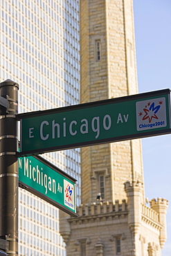 Chicago and Michigan Avenue signposts with the Historic Water Tower behind, Chicago, Illinois, United States of America, North America