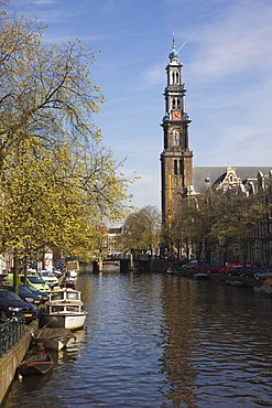 Westerkerk church and the Prinsengracht canal, Amsterdam, Netherlands, Europe