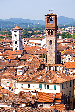 Roofscape as seen from Torre Guinigi, with the Torre delle Ore on the right, Lucca, Tuscany, Italy, Europe