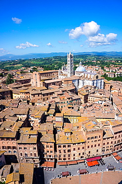 View from Torre del Mangia of Piazza del Campo and city skyline, UNESCO World Heritage Site, Siena, Tuscany, Italy, Europe