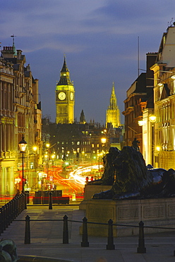 Evening view from Trafalgar Square down Whitehall with Big Ben in the background, London, England, UK