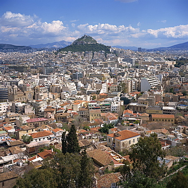 Panorama with Lykabettos Hill in the distance, taken from the Acropolis, of the city of Athens, Greece, Europe