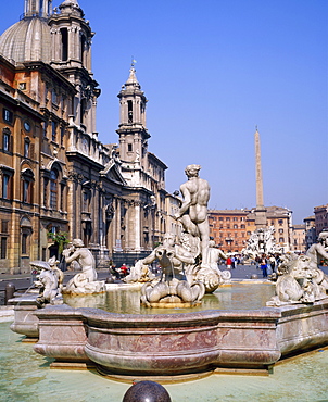 Fountain and obelisk in the Piazza Navona in Rome, Lazio, Italy 