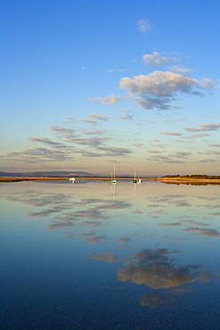 Boats moored at East Head, West Wittering, near Chichester, West Sussex, England, United Kingdom, Europe