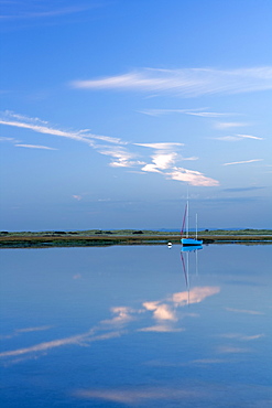 Boat moored at East Head, West Wittering, near Chichester, West Sussex, England, United Kingdom, Europe