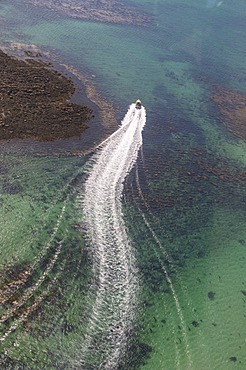 Aerial shot of boat, Isles of Scilly, Cornwall, United Kingdom, Europe