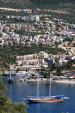 Gulet anchored at Kalkan, a popular tourist resort, Antalya Province, Anatolia, Turkey, Asia Minor, Eurasia