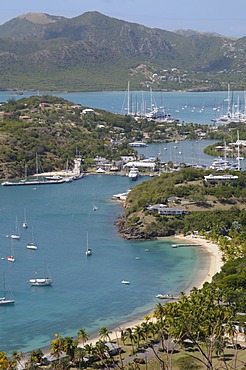 Looking down on Nelsons Dockyard from Shirley Heights, Antigua, Leeward Islands, West Indies, Caribbean, Central America