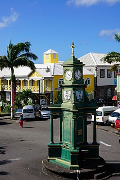 Clock Tower in the centre of capital, Piccadilly Circus, Basseterre, St. Kitts, St. Kitts and Nevis, Leeward Islands, West Indies, Caribbean, Central America 