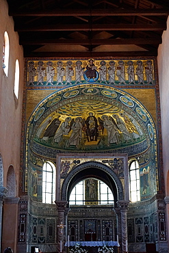 Ciborium from the 12th century in front of an apse mosaic from the 6th century, Euphrasian Basilica, UNESCO World Heritage Site, Porec, Istra Peninsula, Croatia, Europe