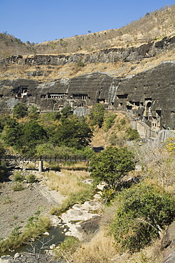 Ajanta Cave complex, Buddhist Temples carved into solid rock dating from the 5th Century BC, Ajanta, Maharastra, India