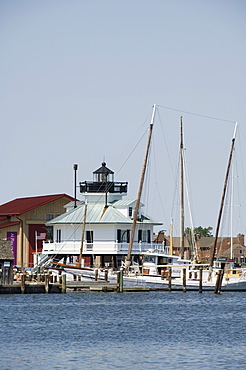 Typical historic lighthouse rescued and brought to the Chesapeake Bay Maritime Museum, St. Michaels, Talbot County, Miles River, Chesapeake Bay area, Maryland, United States of America, North America