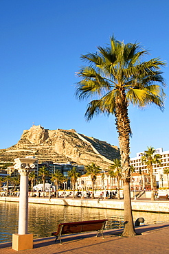 Santa Barbara castle seen from the harbour, Alicante, Valencia province, Spain, Europe