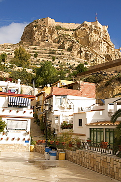 Santa Cruz quarter and Santa Barbara castle in background, Alicante, Valencia province, Spain, Europe