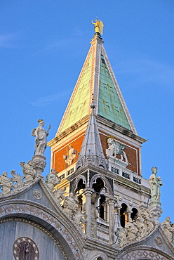 Campanile and detail of the facade of the Basilica di San Marco, dating from the 11th century, Piazza San Marco, San Marco, Venice, UNESCO World Heritage Site, Veneto, Italy, Europe