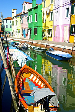 Fishing boats, canal and colored facades, Burano Island, Venice, UNESCO World Heritage Site, Veneto, Italy, Europe