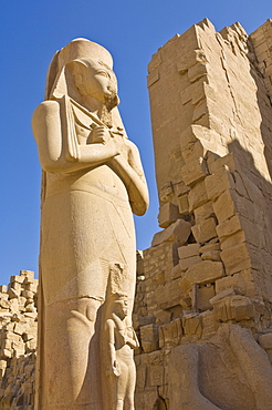 Giant statue of the great pharaoh Rameses II with the small statue of his daughter Bent'anta between his legs in the forecourt behind the first Pylon of the great Temple at Karnak near Luxor, Thebes, UNESCO World Heritage Site, Egypt, North Africa, Africa