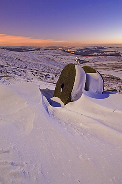 Wheelstones in the snow at sunset on Stanage Edge, Peak District National Park, Derbyshire, England, United Kingdom, Europe