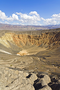 Looking down into Ubehebe crater, a Maar volcano, caused by groundwater contacting hot magma or lava, Death Valley National Park, California, United States of America, North America