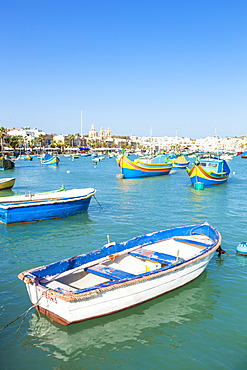 Marsaxlokk Harbour and traditional fishing boats, Marsaxlokk, Malta, Mediterranean, Europe