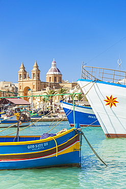 Marsaxlokk Harbour, Our Lady of Pompeii Church and traditional fishing boats, Marsaxlokk, Malta, Mediterranean, Europe