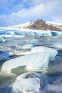 Frozen icebergs locked in the frozen waters of Fjallsarlon Glacier lagoon, South East Iceland, Iceland, Polar Regions