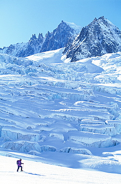 France, Alps, Haute-Savoie, Chamonix In Winter, Skier In The Vallee Blanche, At Rear The Requin Seracs