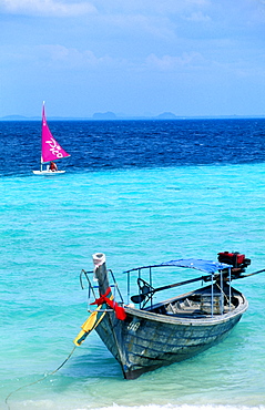 Thailand, Phuket Island, (Near) , Koh Phi Phi Islands, Windsurf And Long Tail Outrigger On A Beach