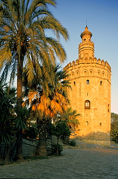 Spain, Andaloucia, Sevilla, Torre Del Oro (Gold Tower) At Dusk