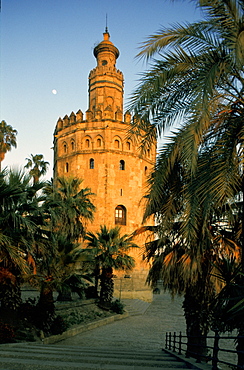 Spain, Andaloucia, Sevilla, Torre Del Oro (Gold Tower) At Dusk