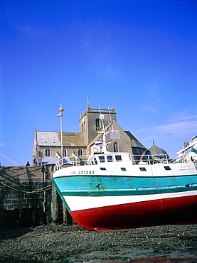 France, Normandy, Manche (50), Small Harbour Of Barfleur At Low Tide, Church And Trawler