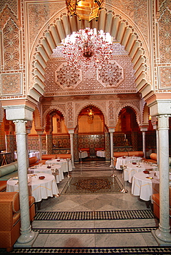 Morocco, South, Marrakech, La Mamounia, The Dining Room In Classic Arabic Style