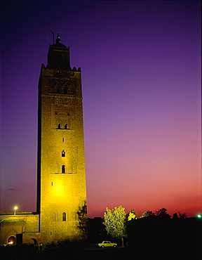 Morocco, South, Marrakech, The Koutoubia Mosque Minaret At Dusk