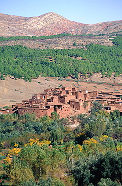 Morocco, South, Ouarzazate Region, Tizintishka Road, Berber Adobe Village On The Mountain