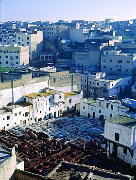 Morocco, Historical City Of Fes, Elevated View Over The Tanners Souk (Market) Where Skins Are Treated