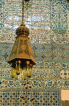 Syria, Damascus, Saladin Tomb Monument, Detail Of Faience Panels On Walls, Arabic Lantern At Fore