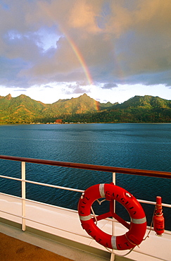 French Polynesia, Leeward Islands, Huahine Island, Landscape Seen From A Cruise Ship, Rainbow