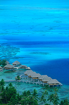 French Polynesia, Leeward Islands, Borabora And Lagoon, Huts On Piles, Aerial