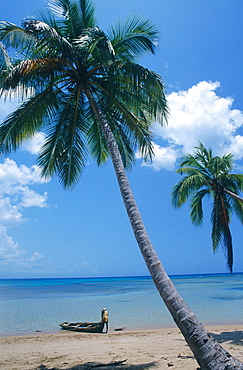 Dominican Republic, Las Terranas, Fisherman Pulling His Boat Ashore On Beach