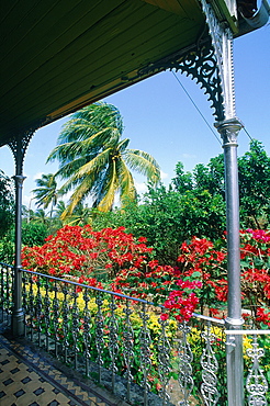 Grenada Island, Verandah Of A Colonial House Prefabricated In London In 1890, Overlooking Flowers And Trees In The Garden