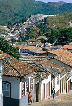 Brazil, Minas Gerais, The Historic City Of Ouro Preto, Overview On The City And A Sloping Street From Top Of A Hill